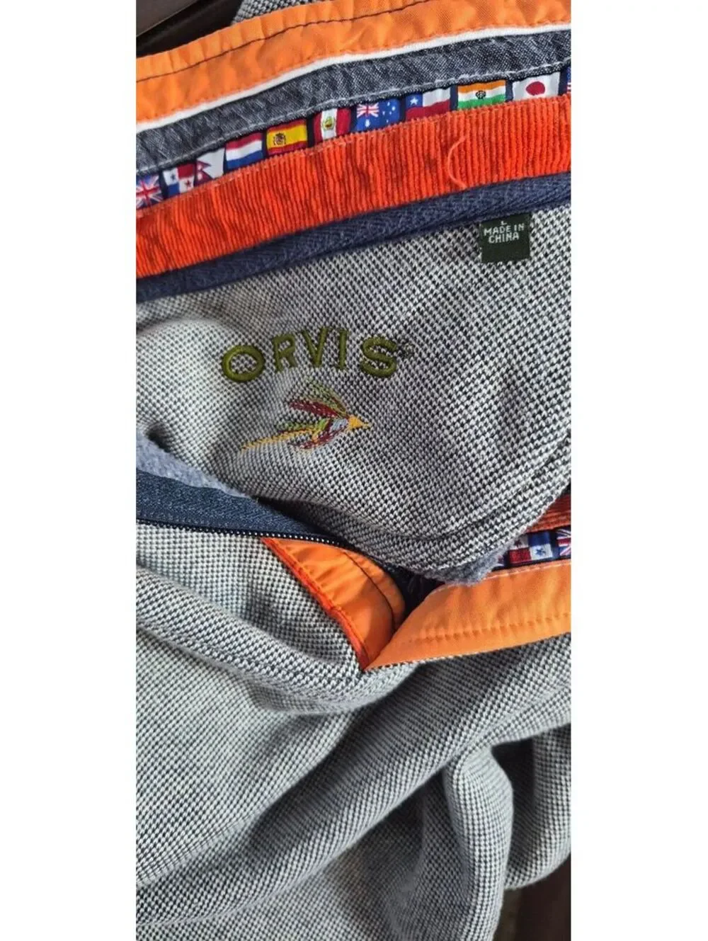 Orvis Men’s Large Gray Navy Mock Neck Quarter Zip Pullover